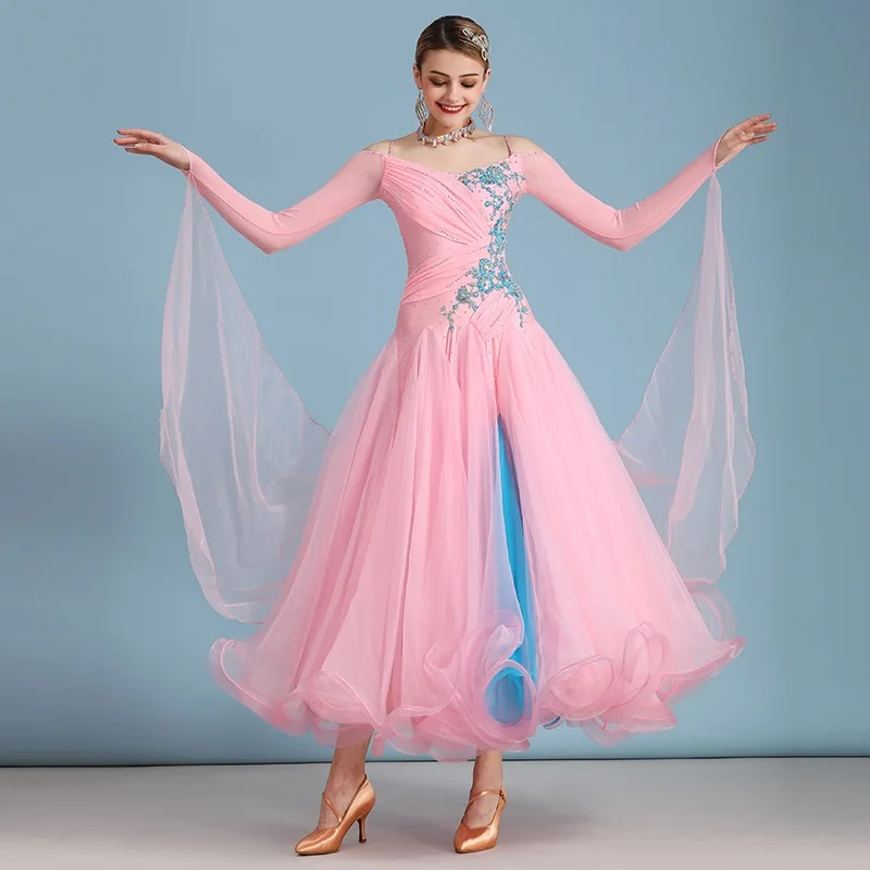 Pink Contrast Color Off Shoulder Ballroom Competition Dance Dress Waltz Dress For Dancing Clothes Rumba Dance Costumes