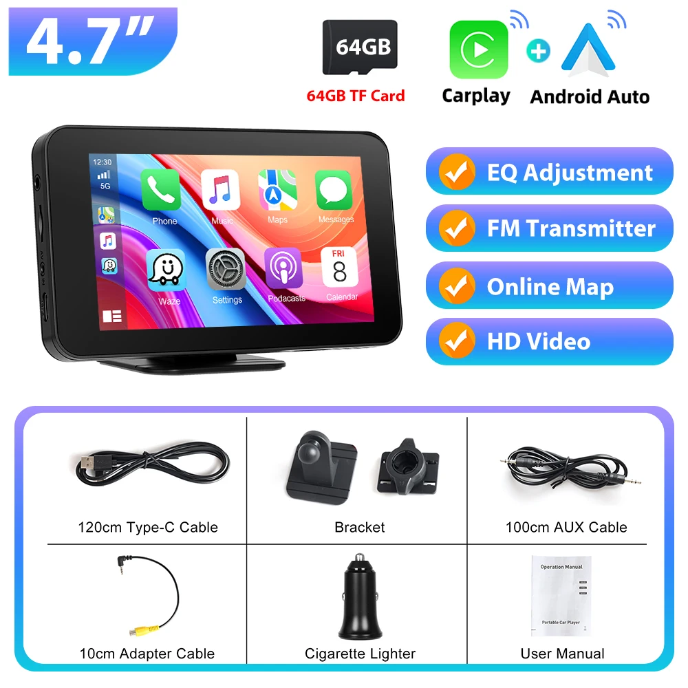 Podofo 4.7'' Carplay Automonitor Android Auto Mirror Link Draagbare Automonitor Bluetooth FM Transmissie USB TF Kaart EQ Geluid - afbeelding 1