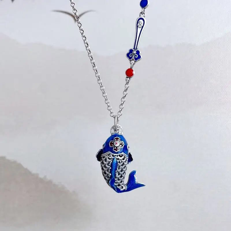 Creative Silver 925 Enamel Blue Small Fish Pendant for Women Vintage Cloisonn Crafts Koi Necklaces Hollow Collar Chain Jewelry