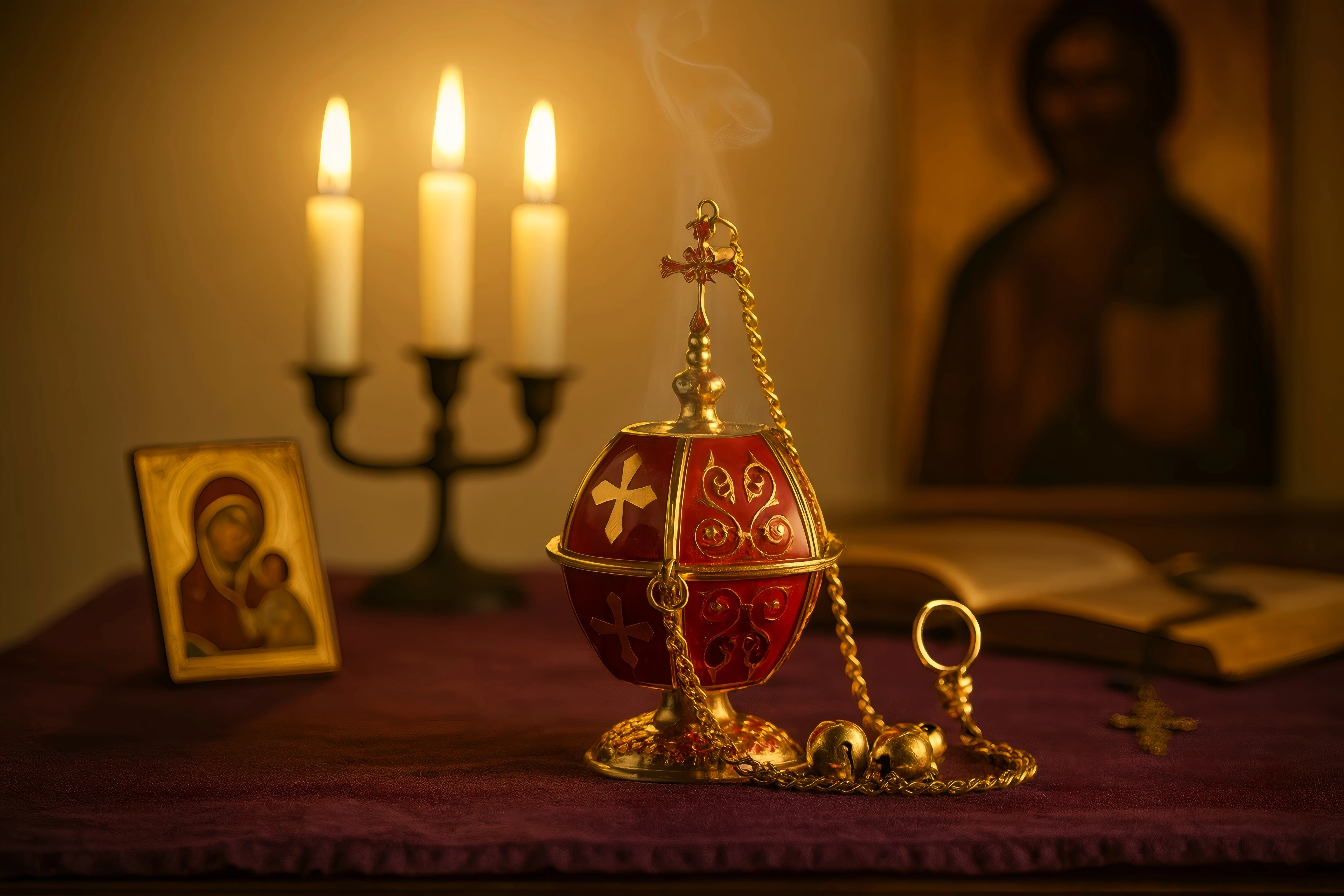 HTISOK Orthodoxes Kirchen-Weihrauchfass, hängendes Thurible, Kreuzdekoration mit Metallkette und Glocken, religiöse Utensilien, orthodoxes Weihrauchfass – Detail 8