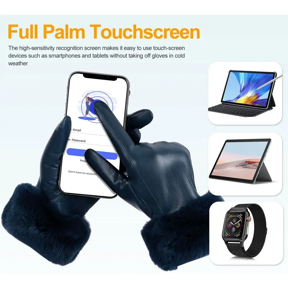 Damskie skórzane rękawiczki GSG z króliczym futerkiem na mankietach, dotykowe, ciepłe rękawice zimowe do prowadzenia samochodu, wielokolorowe.