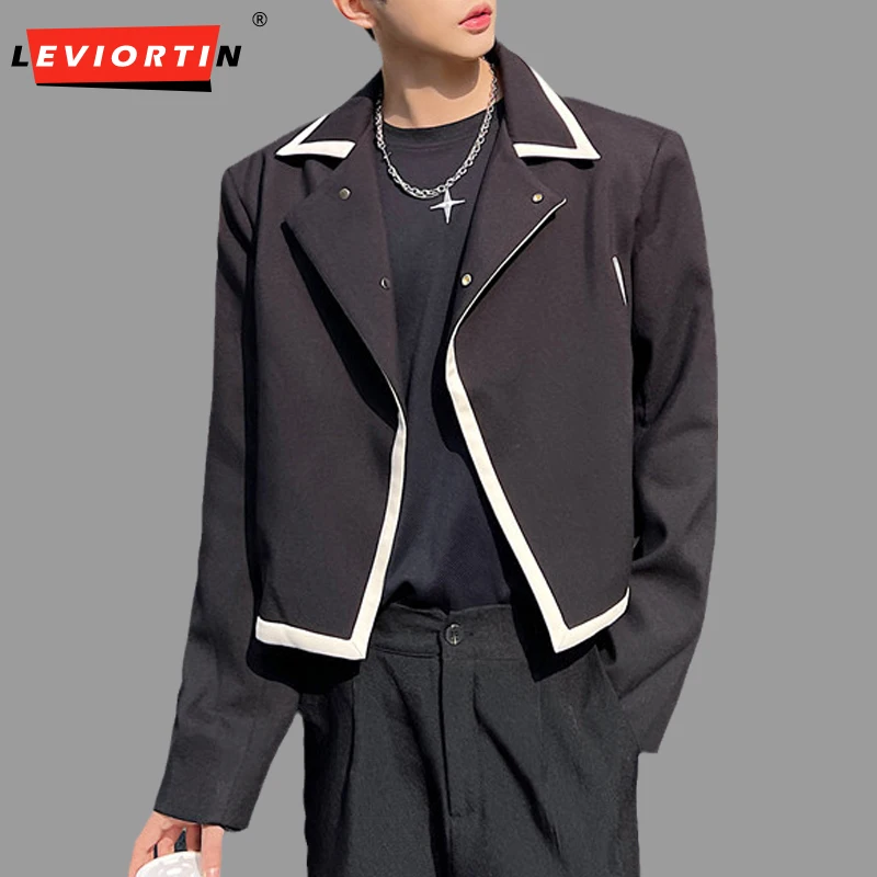 New Men Jackets Lapel Long Sleeve Single Button Contrast Color Coats Streetwear Korean Loose Patchwork Crop Outerwear