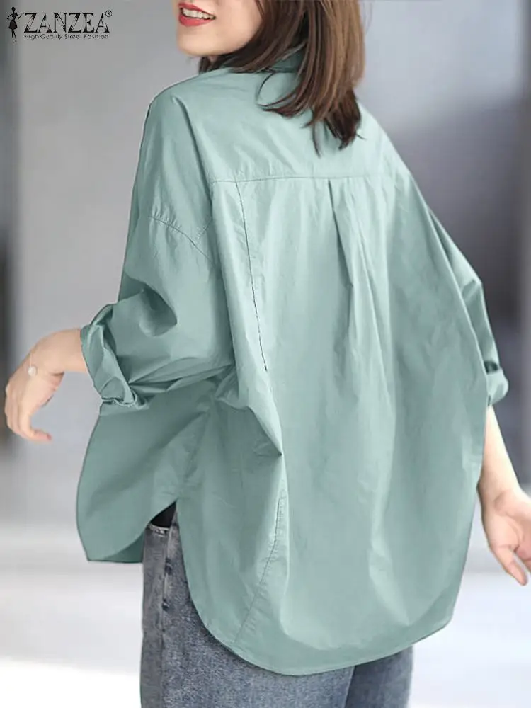 ZANZEA Casual Loose Korean Fashion Oversize Shirts Solid Color Long Sleeve Rounded Hem BF Style Blouses Women Button Up Camisas