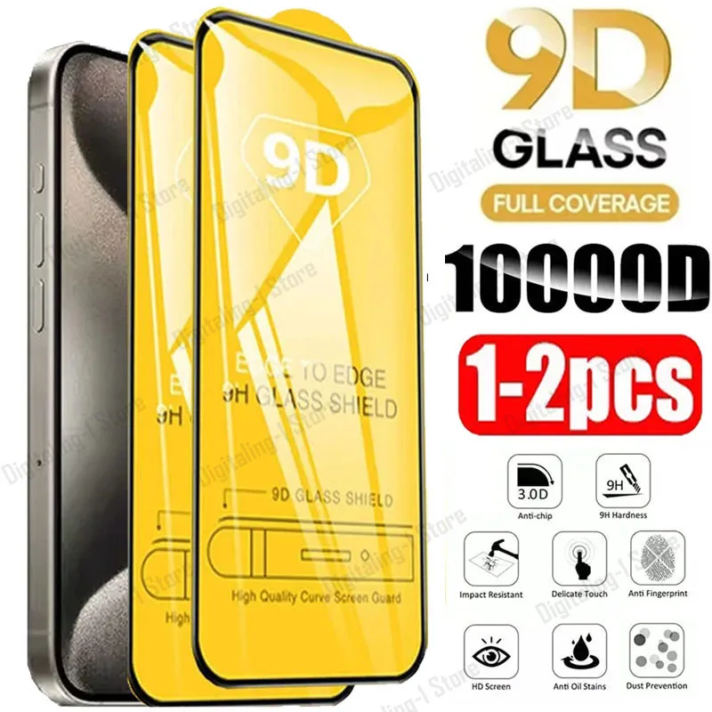 1-2PCS 9D Screen Protector Tempered Glass for IPhone 15 14 13 12 11 Pro Max Protective Glass for IPhone X XR XS Max 7 8 14 Plus