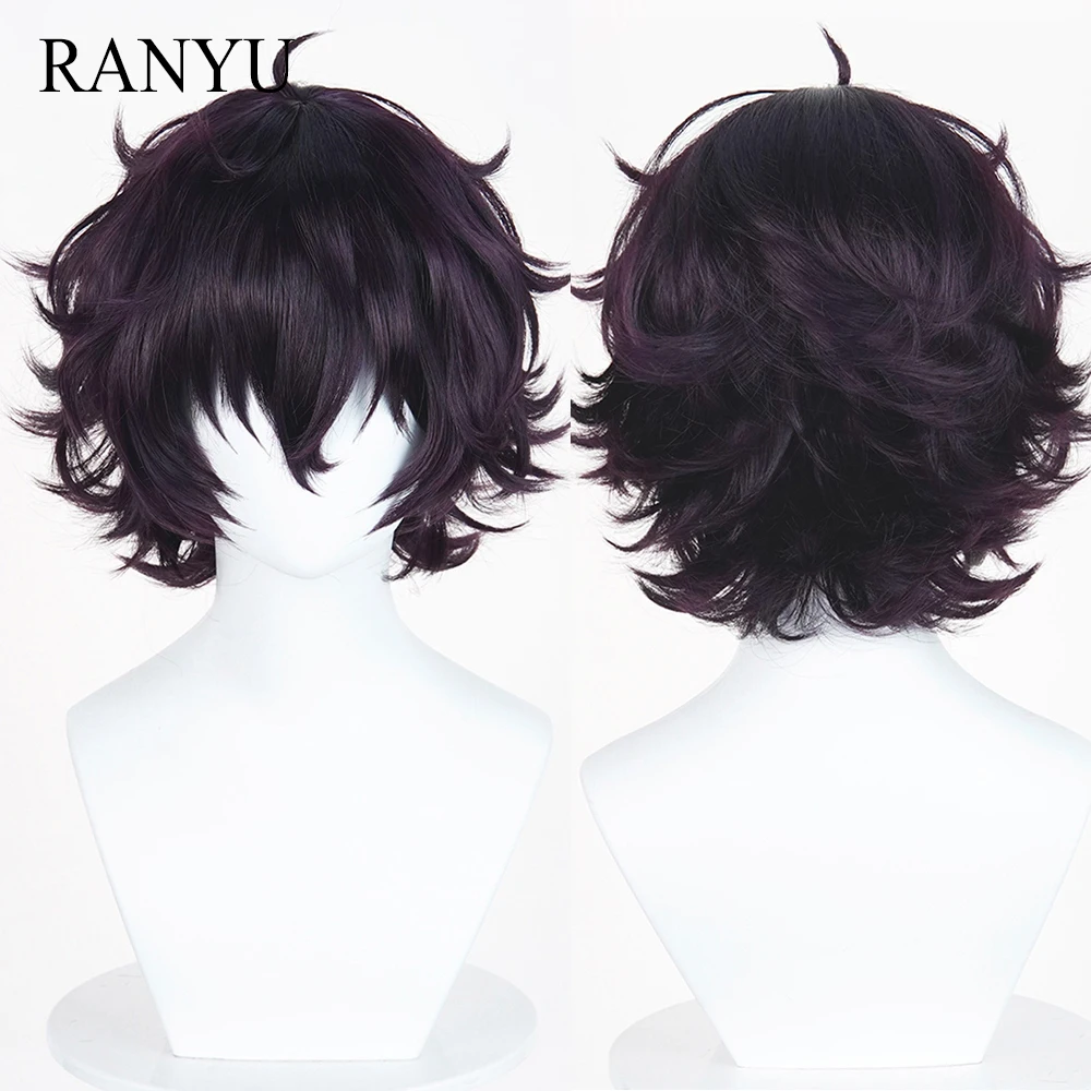 

Black Purple Synthetic Short Straight Wigs with Bangs Anime Game Cosplay Heat Resistant Wig for Daily Party
