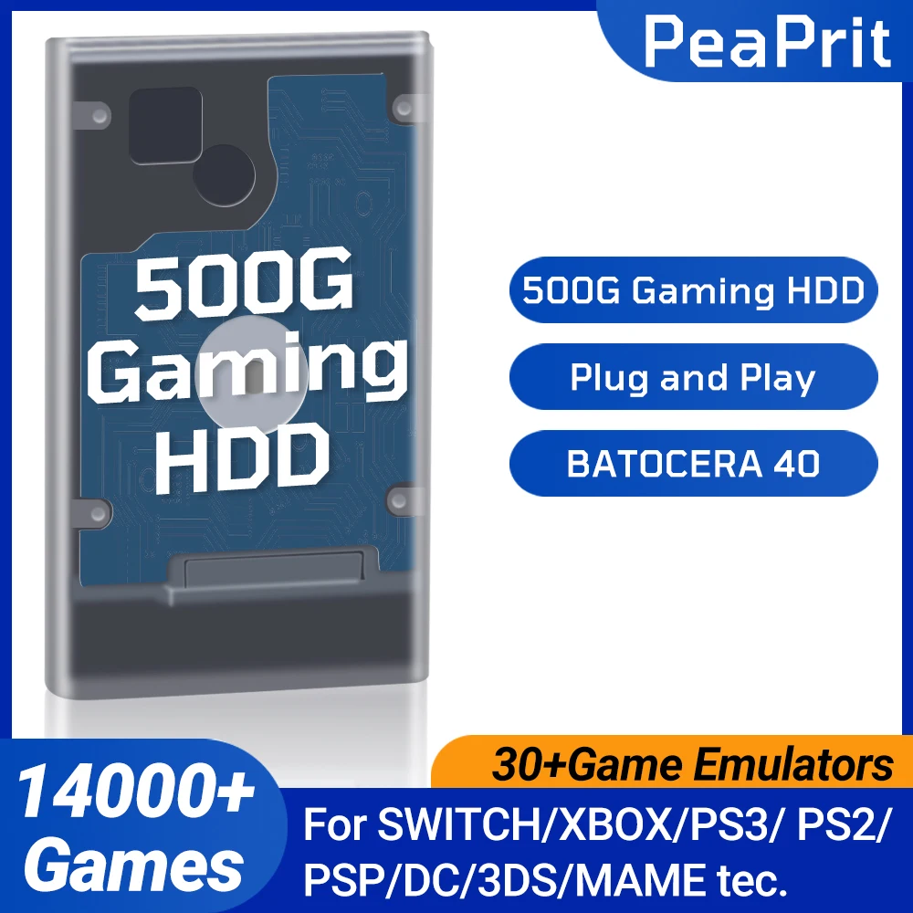 

PEAPRIT 500G Gaming HDD Retro Game Console 14000 Video Games 30 Emulators for SWITCH/X BOX/PS3/PS2/PSP Plug and Play Batocera OS