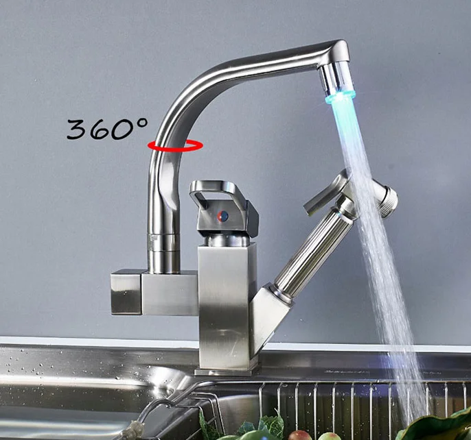 Keran Dapur JIENI Brushed Nickel Tarik Keluar, Putar 360 Derajat, Keran Wastafel Terpasang di Dek, Tuas Tunggal, Semprotan Ganda, Keran Mixer dengan LED