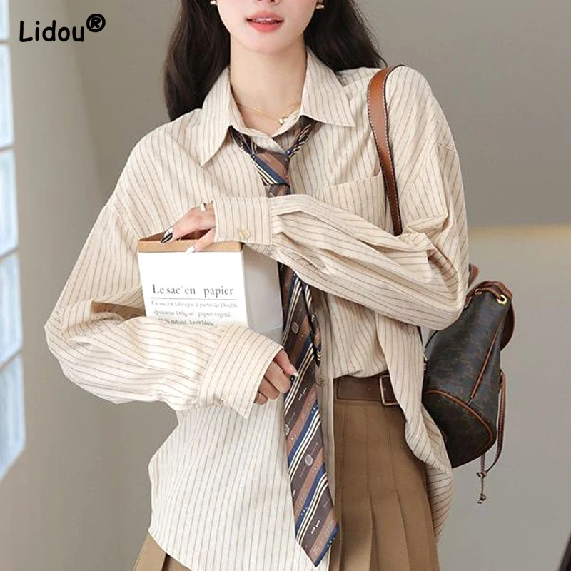 

Blouses Autumn Winter Thin Long Shirt Striped Preppy Style Turn-down Collar Loose Button Pockets Street Casual Women's Clothing