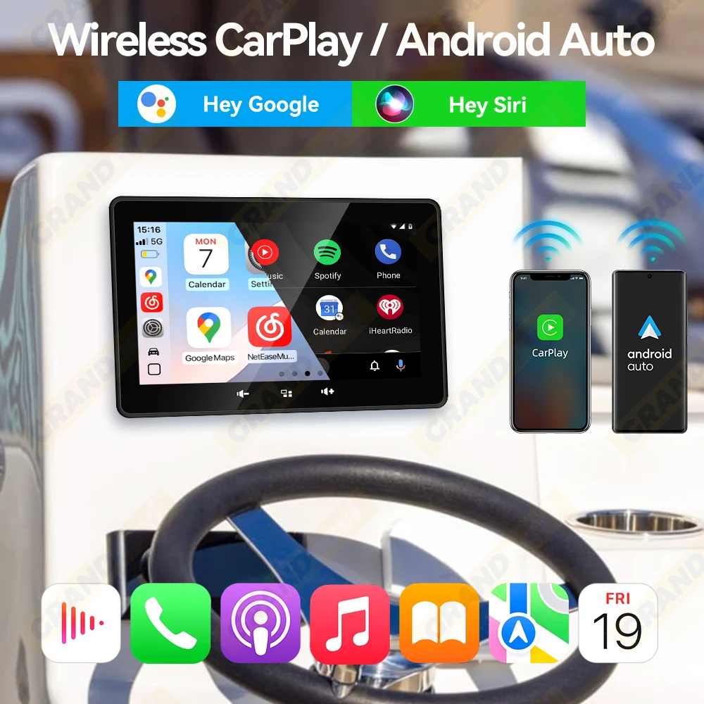 7 بوصة MP5 مركبة بحرية راديو لاسلكي CarPlay أندرويد السيارات مقاوم للماء IP67 بلوتوث FM AM AUX لقارب ATV UTV يخت عربة جولف #3