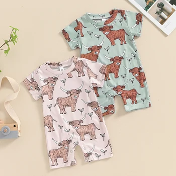 2024-03-19 Lioraitiin 0-18M güzel bebek erkek batı tulum kısa kollu ekip boyun inek kafa baskı yaz rahat Romper