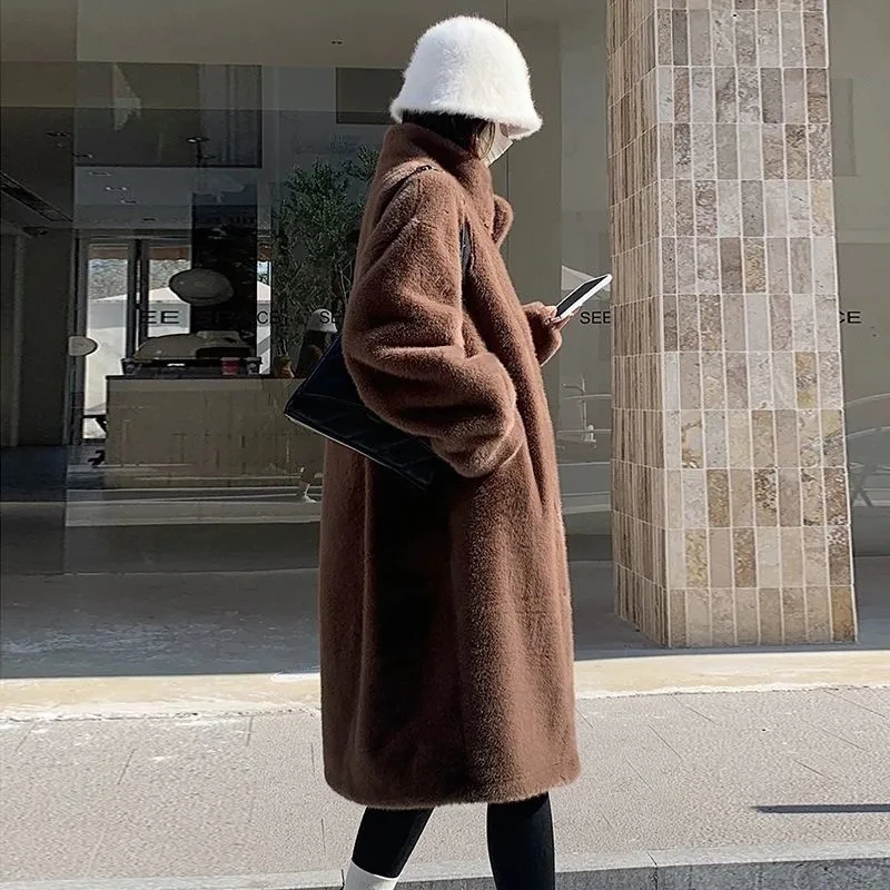 Imitation Fur Coat 2026 Autumn Winter New Thick Long Stand collar Mink fur mink Fur one-piece Coats Female Long Parka Overcoat