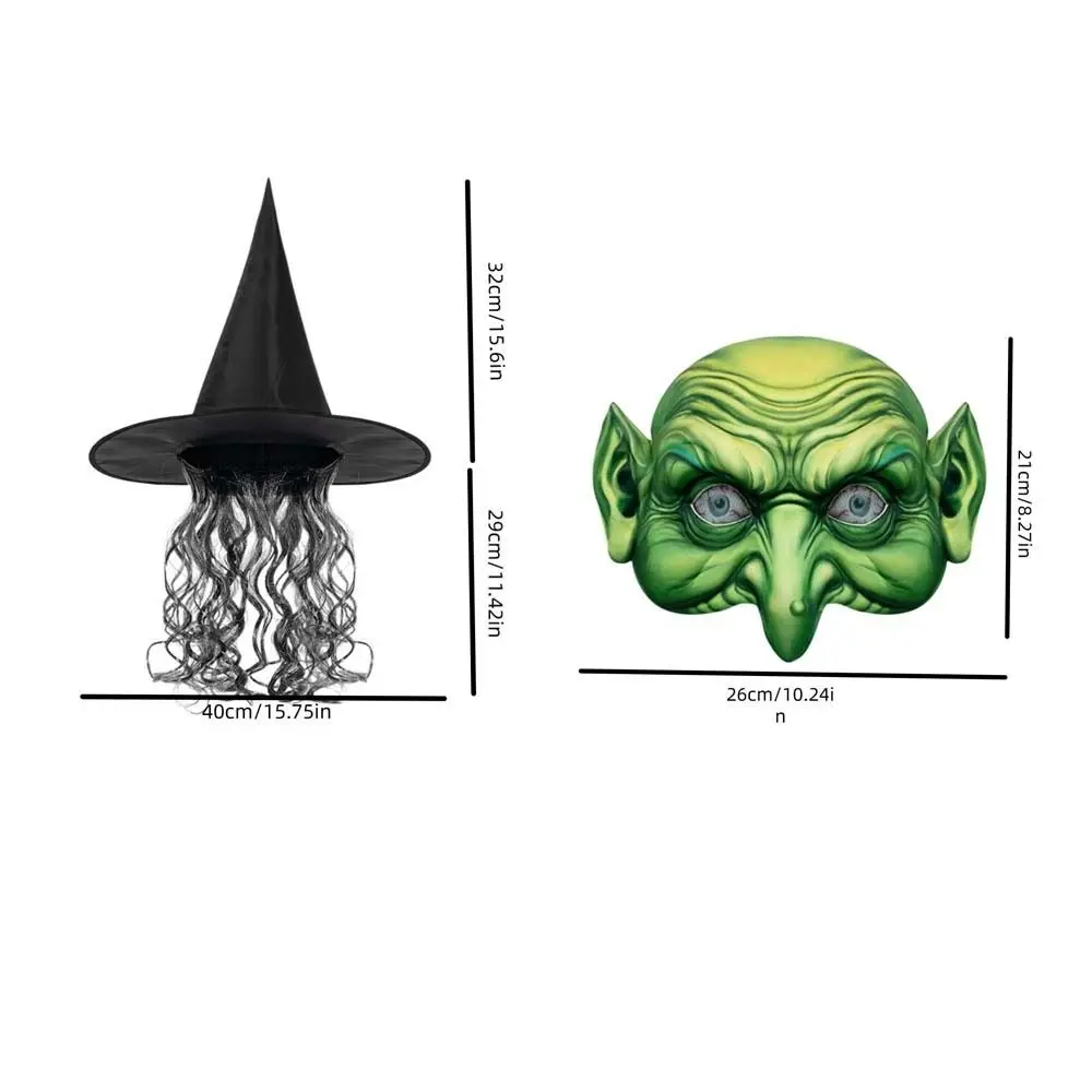 مجموعة قناع قبعة ساحرة على شكل شبكة عنكبوت للشعر، قناع ساحرة رعب للهالوين باللون الأخضر والأسود، قناع شيطان من القماش البوليستر، ديكور الدراما #6