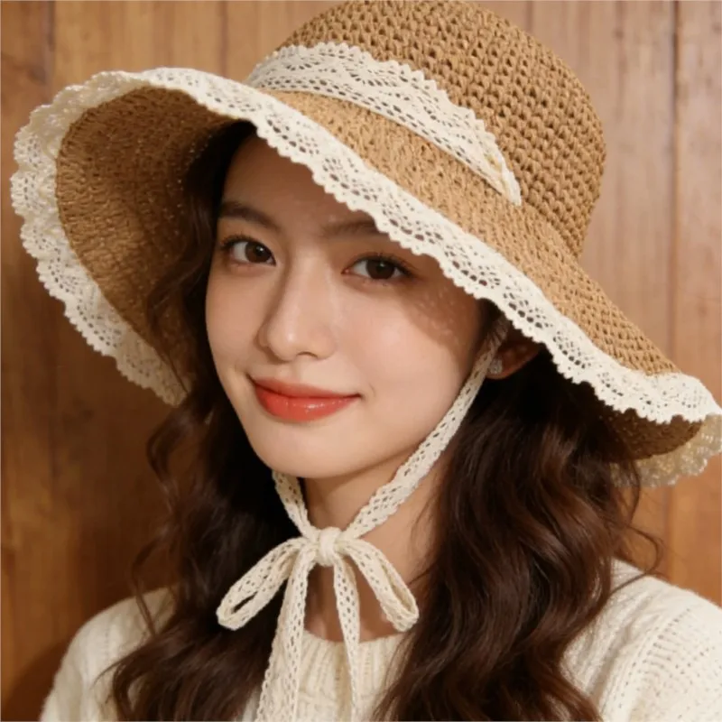

Seaside vacation-style hat a huge with large brim and lace trim full face shield