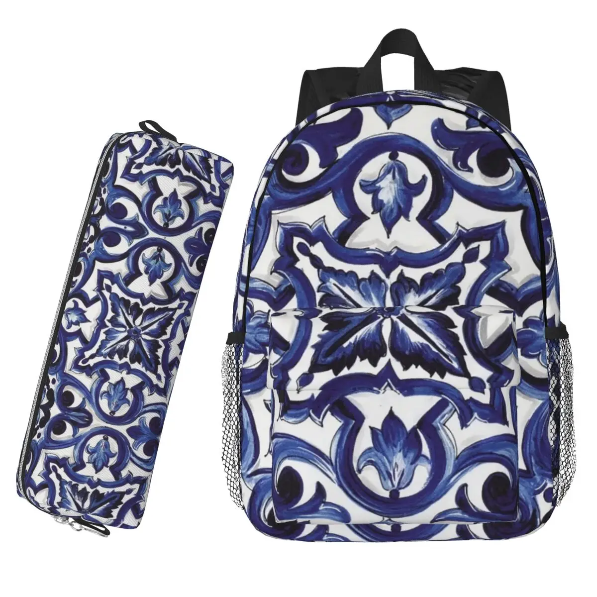

Blue Ornate Floral Mediterranean Sicilian Tile Backpack Hot Sale Daypack Boys Girls BookBag Children School Bag Pencil Case