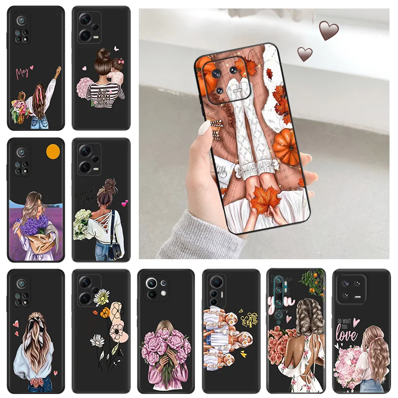 Silicone Soft Phone Case for Redmi Note 13 Pro 4G 12 12c 13c Xiaomi 12t 12x 13Lite 12Lite Chrysanthemum Rose Flower Girl Cover