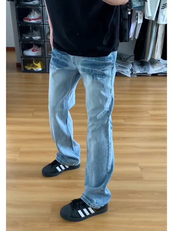 

Blue Lightning Pattern Bell Bot Jeans Men's Extended Length Knife Straight Leg American High Street Long Trousers