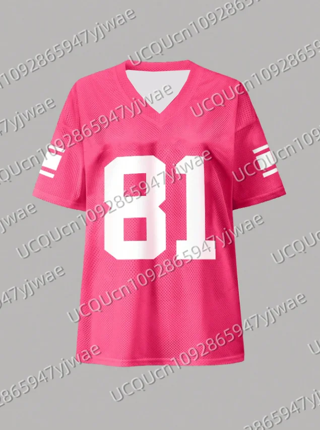 

Women Loose Fit V-Neck T-Shirt With Number 81 Print US Sporty Jersey T-Shirt Casual Summer Casual Wear Fashion Mesh T-shirt