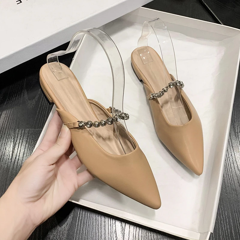 Sexy Pointed Toe Mules Woman Silver Slippers Shoes Ladies Party Slides Crystal Belt Flats Sandals