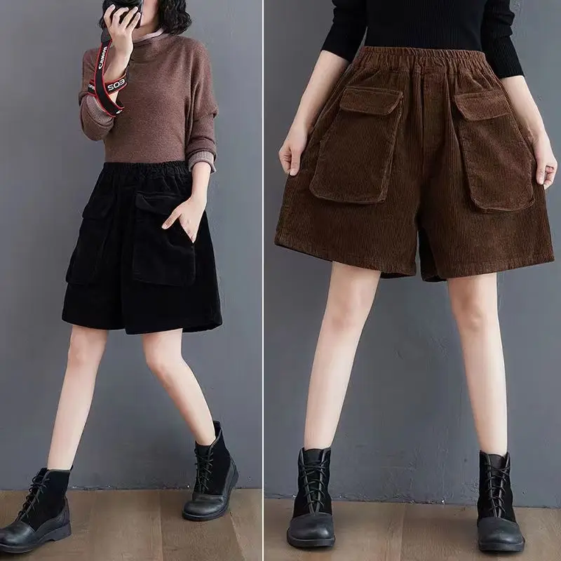 

2024 New Autumn High Waist Wide Leg Shorts Winter Wear Boots Shorts Women Winter Thick Elastic Waist Shorts Women's T536