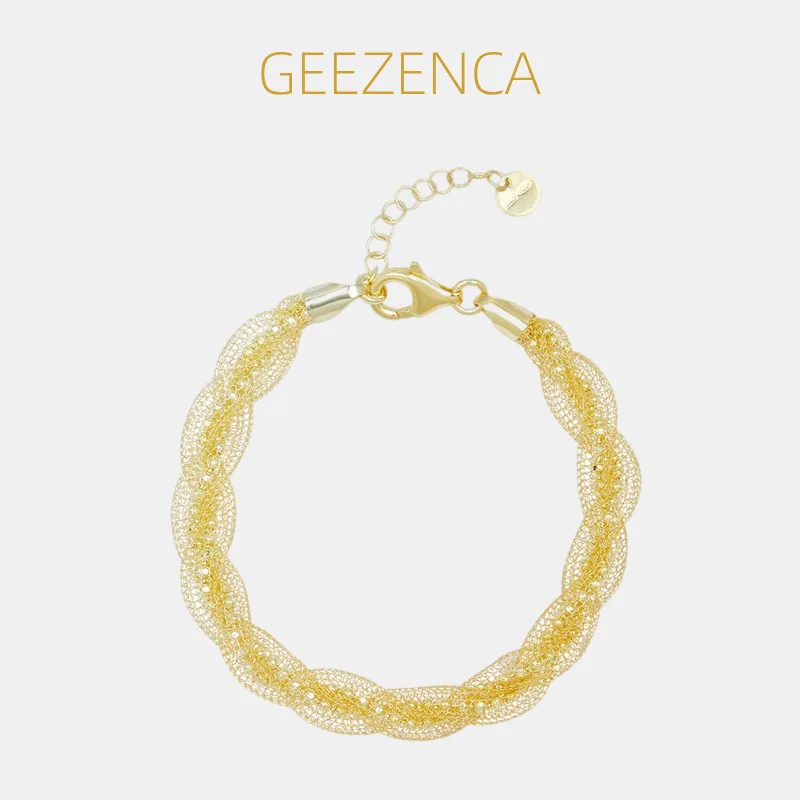 

GEEZENCA S925 Silver Beaded & Mesh Chain Woven 8.5MM Shiny Bracelets Women 18K Gold Italian Jewelry Dainty Bracelet Gift For Her