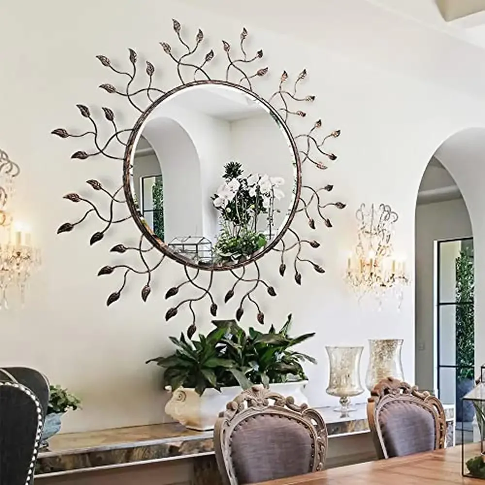 

Round Mirror with Removable Metal Leaves Large Living Room Wall Decor Elegant Bronze Finish 39"x39" Farmhouse Entryway Mirror