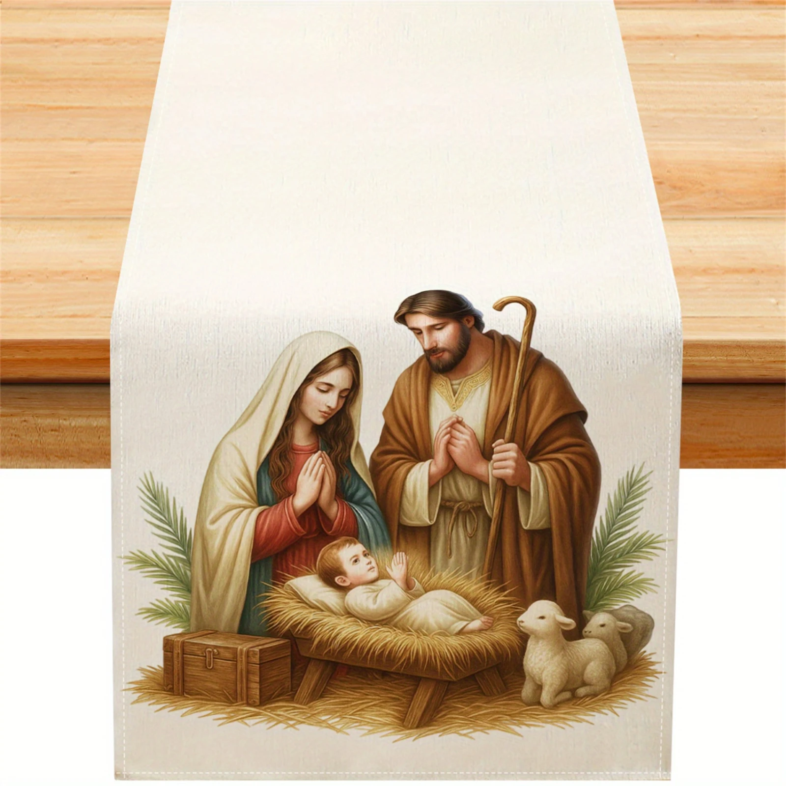 Nativity Scene Christmas Table Runner Elegant & Golden Religious Kitchen Dining Decor with Mary & Shepherds Design