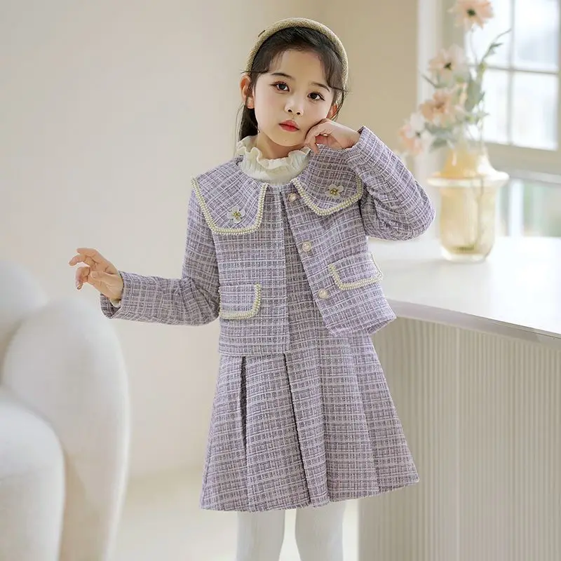 Fashion Kids Girls Princess Clothes Set Spring Autumn Teen Children Coat Outwear+Dress Vintage Outfits Suit for 3-12yrs