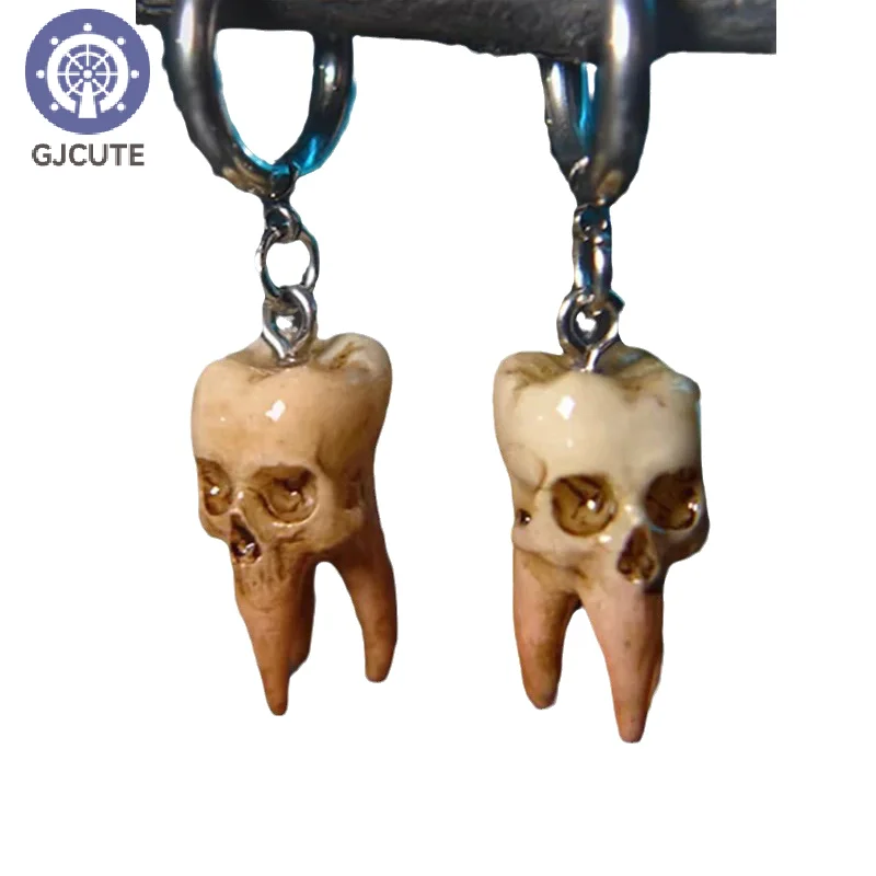 

Halloween Handmade Skull Tooth Hoop Earrings Gothic Punk Style Dark Horror Jewelry Toys Dangle Gift