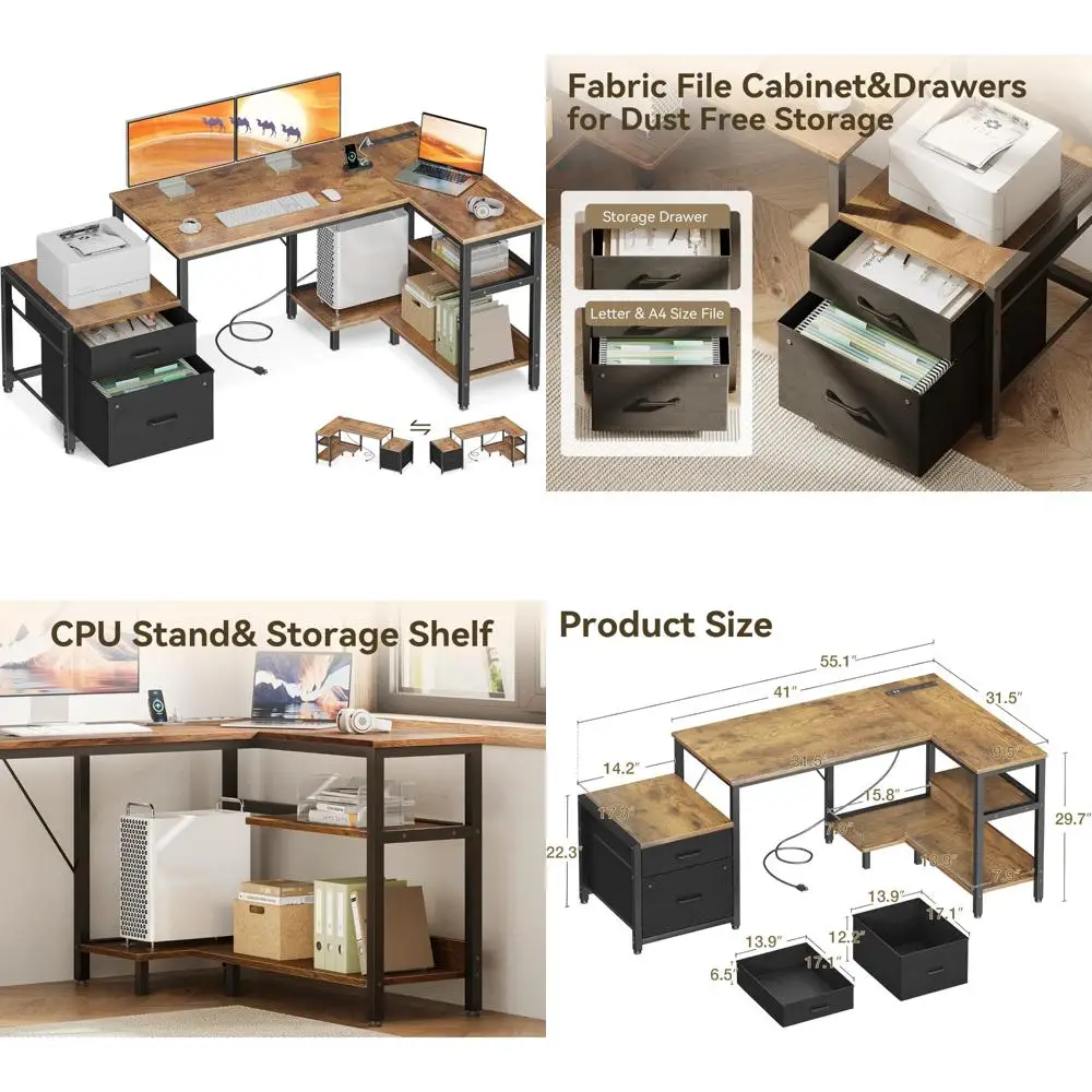 

L-Shaped Desk with Drawers and File Cabinet, Reversible Computer Desk with Storage Shelves, CPU Stand, Corner Desk for Home Offi