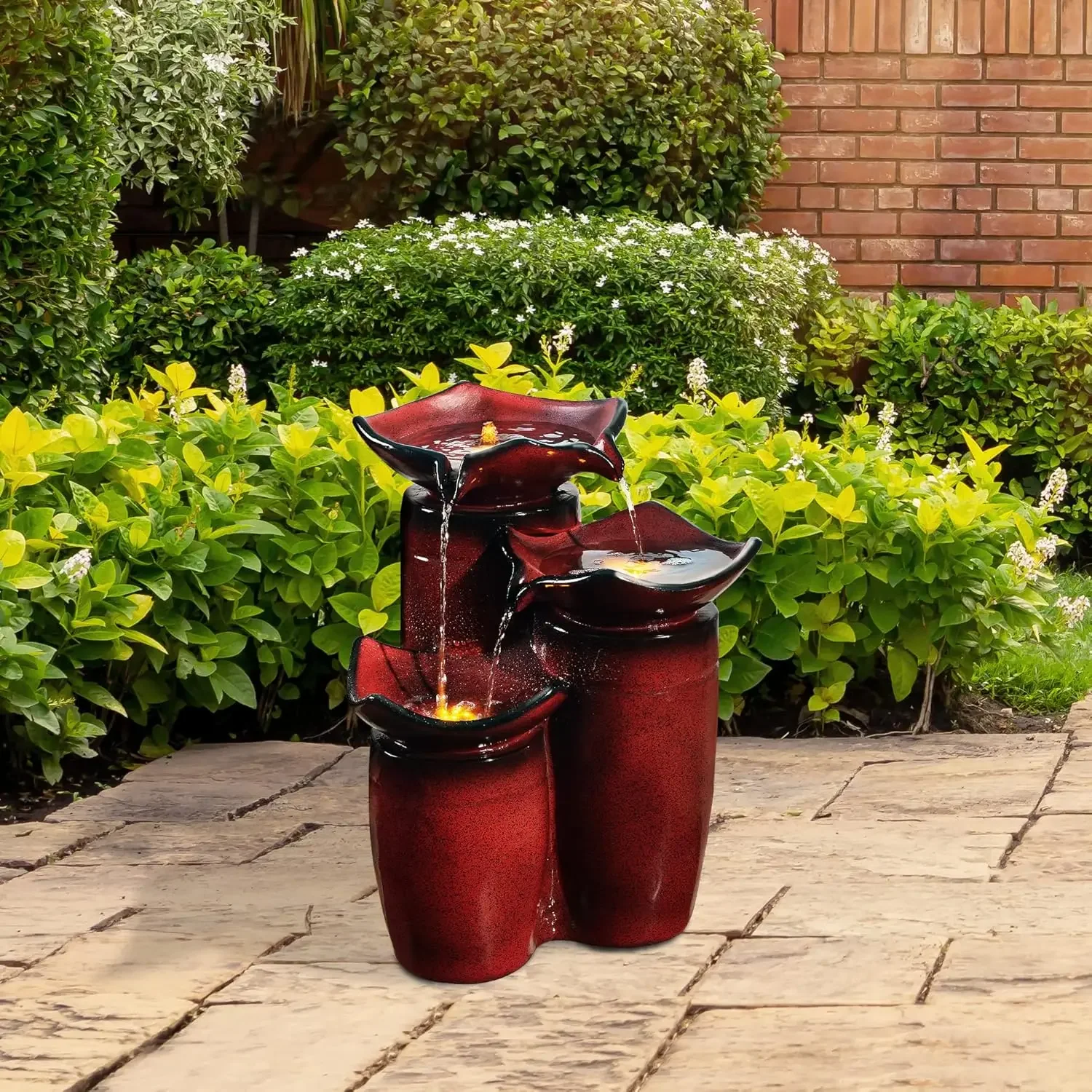 3 Tiered Floor Water Glazed Pots Fountain with LED Lights