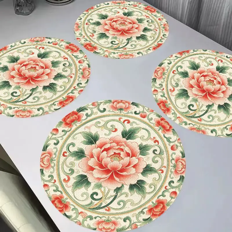 Chinese Vintage Red Peony Traditional Oriental Round Placemats Heat Resistant Washable Non Slip Farmhouse Dining Table Decor