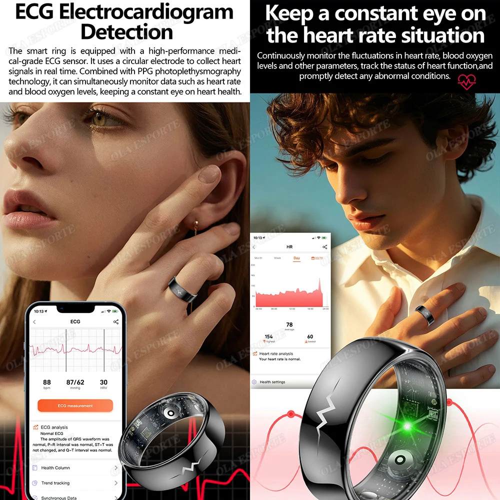 الراقية ECG الأكسجين في الدم الصحة حلقة ذكية معدل ضربات القلب ضغط الدم النوم مراقبة خواتم 5ATM مقاوم للماء وسائط رياضية متعددة
