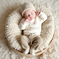 Ylsteed 3 Pcs Set Knitting Newborn Boy Photography Clothes "Just Arrived" Embroidery Khaki Baby Outfits Sweater Baby Shower Gift