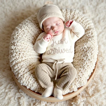 Ylsteed 3 Pcs Set Knitting Newborn Boy Photography Clothes "Just Arrived" Embroidery Khaki Baby Outfits Sweater Baby Shower Gift