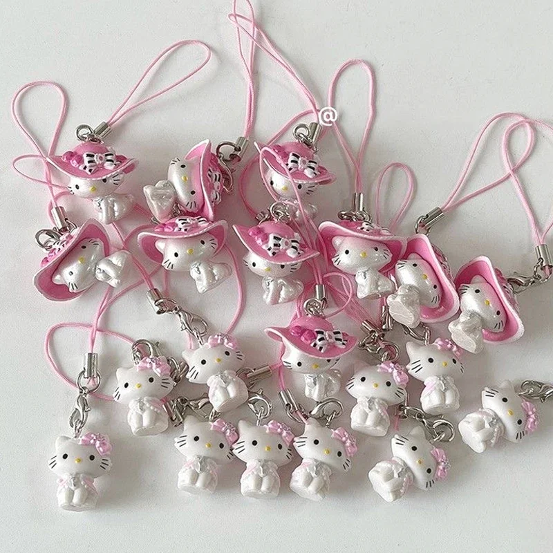 

Kawaii Pink Bow Hat Hello Kitty Keychain Harajuku Girl Angel Hello Kitty Bag Mobile Phone Pendant Charm Birthday Gift Ornament