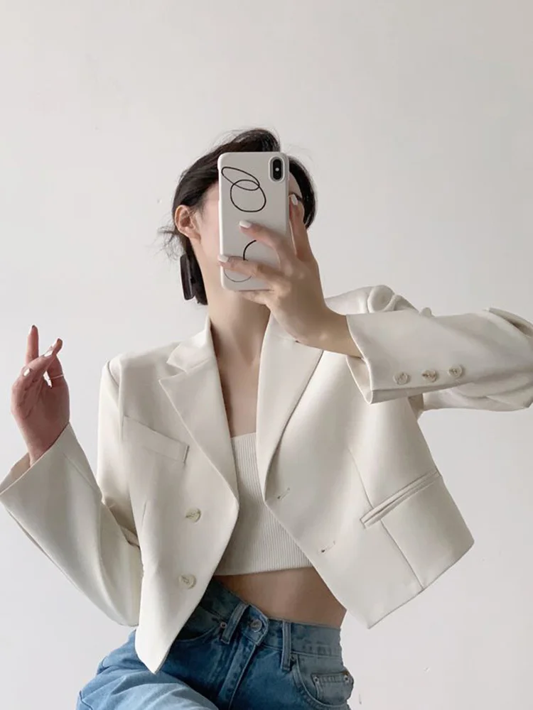 Spring Sexy Cropped Blazer Women Elegant Slim Long Sleeve Suit Coat Korean Fashion Sweet Female All Match Solid New Jacket Tops