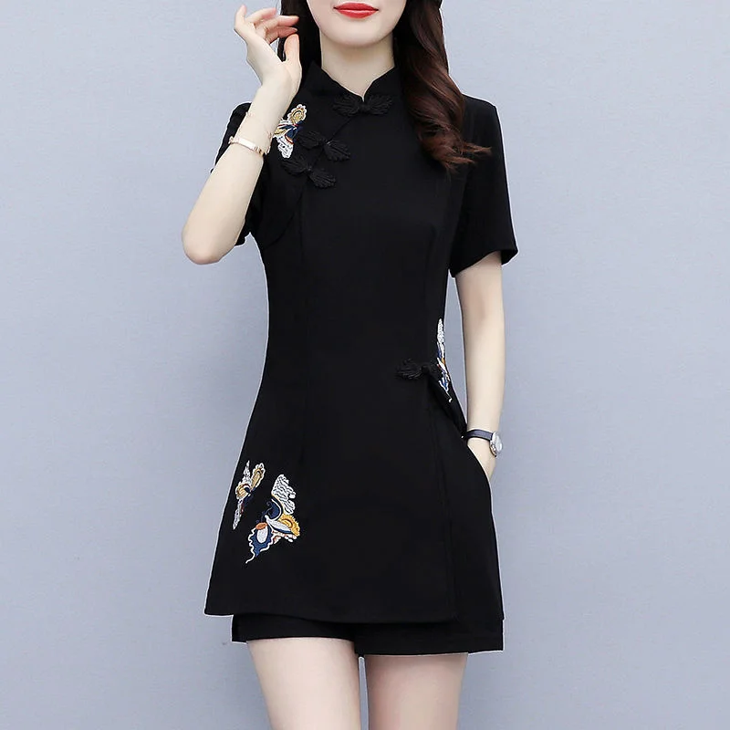 Women's Suit Chinese Style Outfits Matching Crop Top Shorts Two Piece Sets 2023 Summer New Improved Retro Cheongsam Lady Clothes