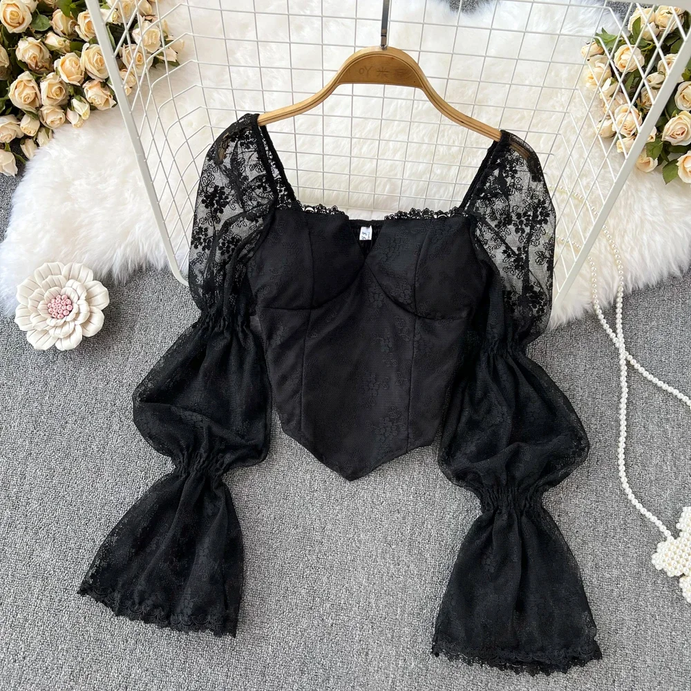 Chic Square Neck Vintage Long Flare Sleeve Elegant Lace Hook Flower Hollow Slim Top French Streetwear High Street Autumn Blouse