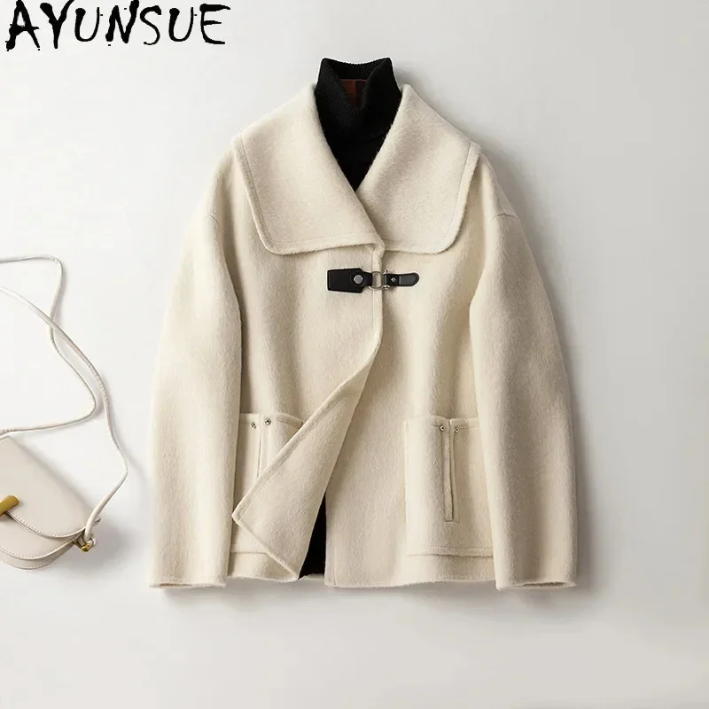 

Top AYUNSUE 10% Alpaca 90% Wool Coats for Women 2024 Autumn Winter Short Double-sided Woolen Jacket Doll Collar Casaco Feminino