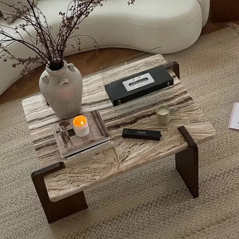 

French Retro Creamy Style Square Tiramisu Travertine Stone Coffee Table With Wood Legs for Small Apartment Living Room