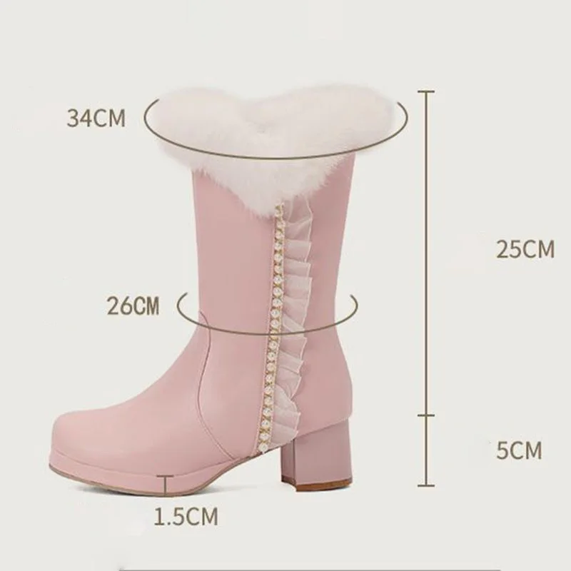 ORCHALISA Rabbit Fur Ladies Mid Calf Footwear Chunky Heel 5cm Raised Base Zipper Bead Ornament  Sizes 30 31