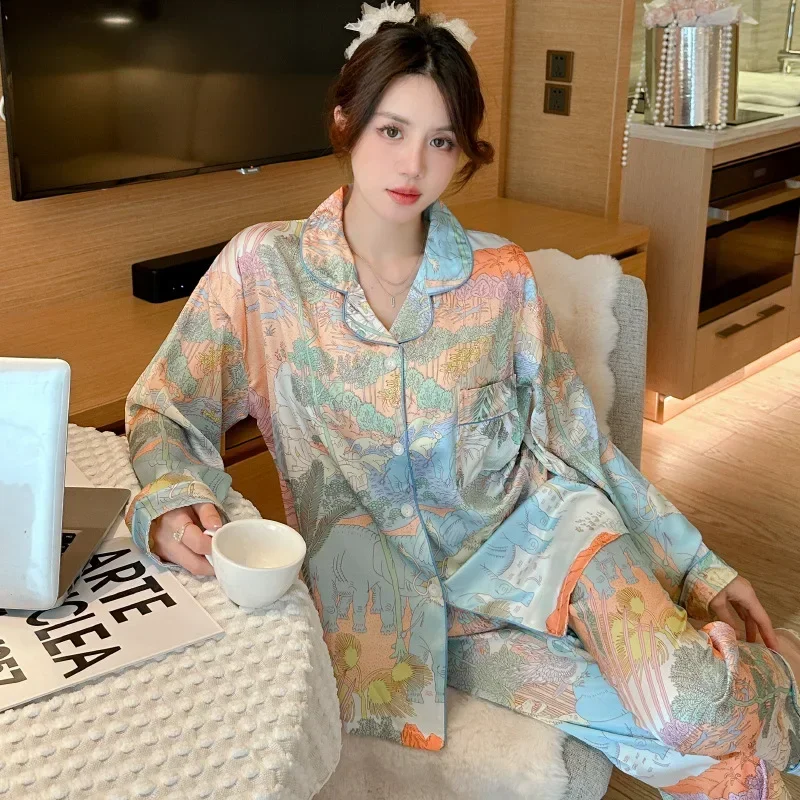 Colorful Jungle Pajama Satin Silk Spring Autumn Long Sleeves Long Pants Young Girl Thin Homewear Casual Set Loose Sleepwear