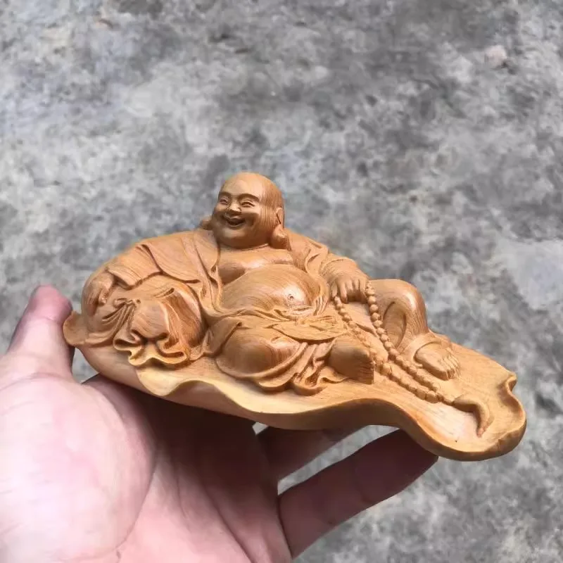 Hand-Carved Oriental Cypress Wood Sculpture - Lucky Maitreya Buddha Figurine, Artistic Home & Car Decoration,  Art Craft