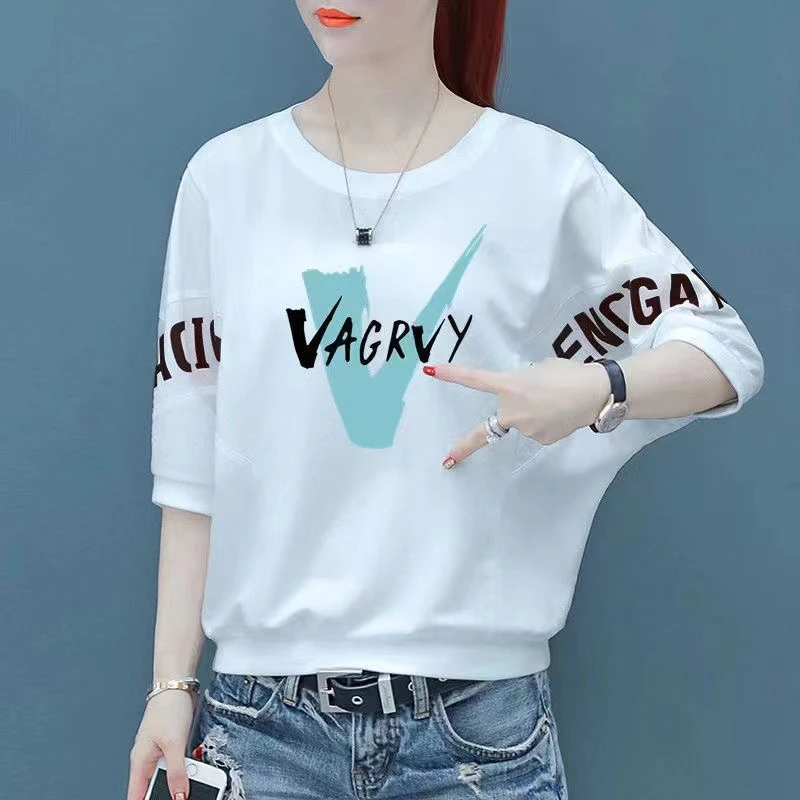 

Summer Short Sleeve T-Shirt Women's Loose Casual Batwing Top Five-Arm Length Fashionable Polyester Fiber plus Size Shirt