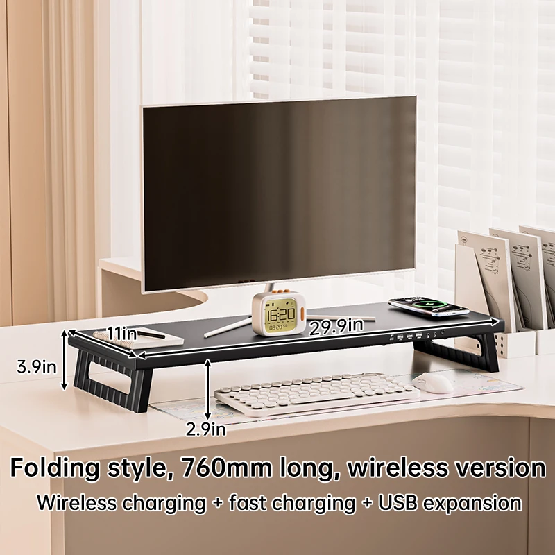 760 Multifunctional Foldable Computer Riser Metal Panel Desktop Storage 15W Wireless/30W Phone Charge USB3.0 90 Degrees Tilt New