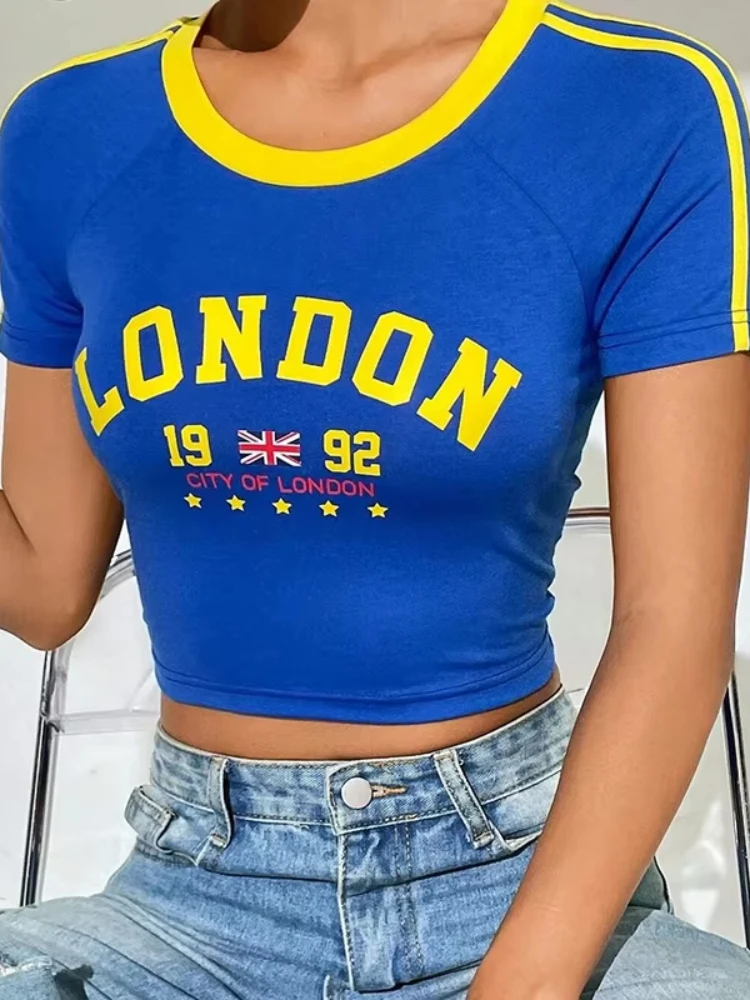 

Summer Women's Letter Printed Aesthetic Gothic Harajuku Contrast Short T Shirt Streetwear Short Top Slim T Shirt