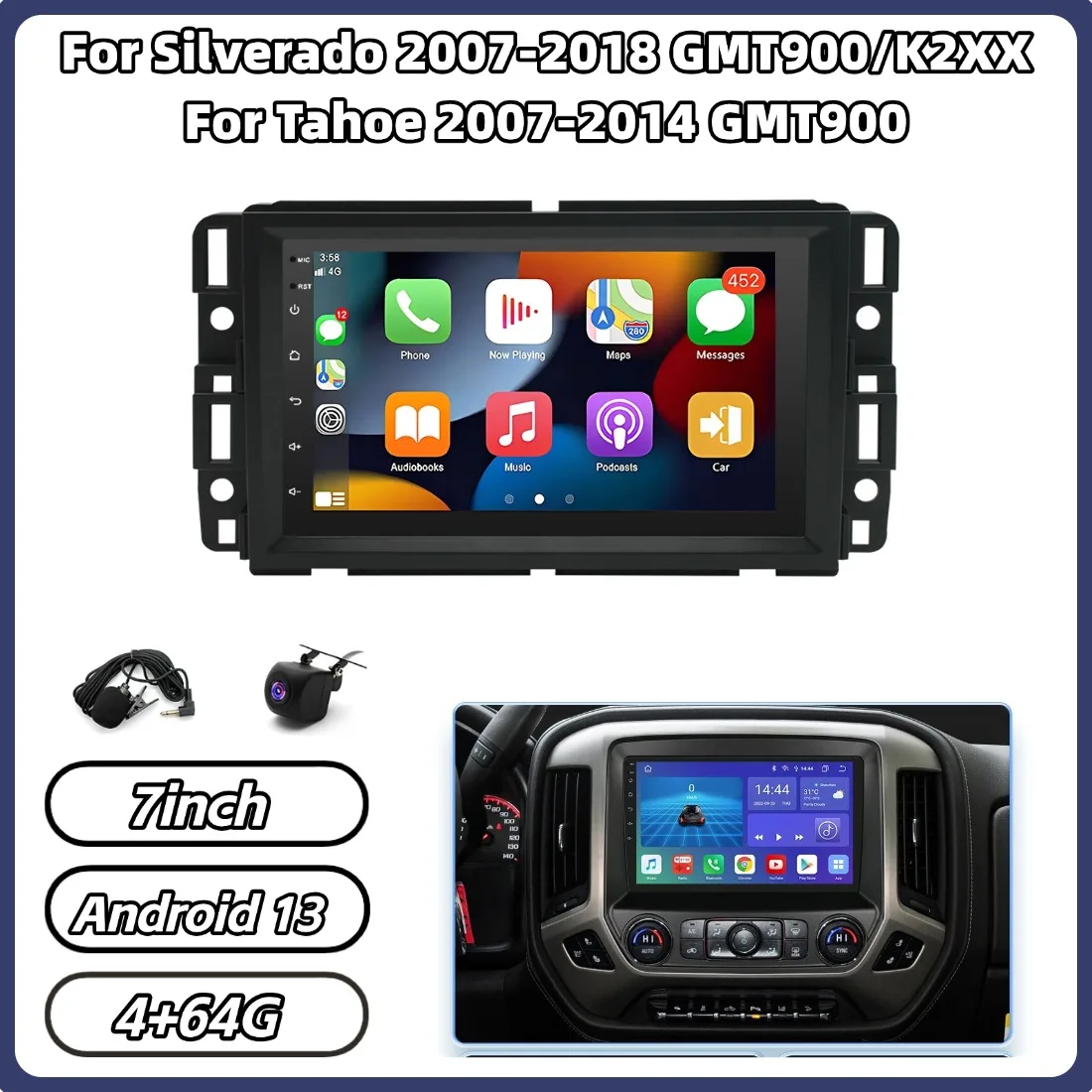 

Автомагнитола 4+64G 7 дюймов Android 13 с GPS-навигацией для Silverado 2007-2018 GMT900/K2XX, для Tahoe 2007-2014 GMT900, с поддержкой Carplay