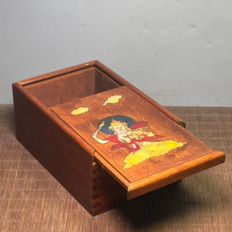 Antique Rosewood Inlaid Shell Yellow Jambhala Buddha Figure Sliding Box Buddhist Beads Storage Box Traditional Craft Collectible
