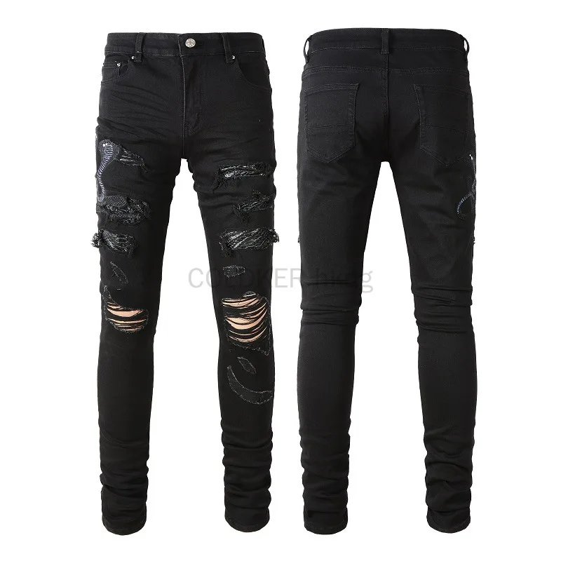 

Men Jeans with Snake Embroidery Stretch Denim Pants Streetwear Holes Ripped Patchwork Fashion Distressed Cotton Trousers Black