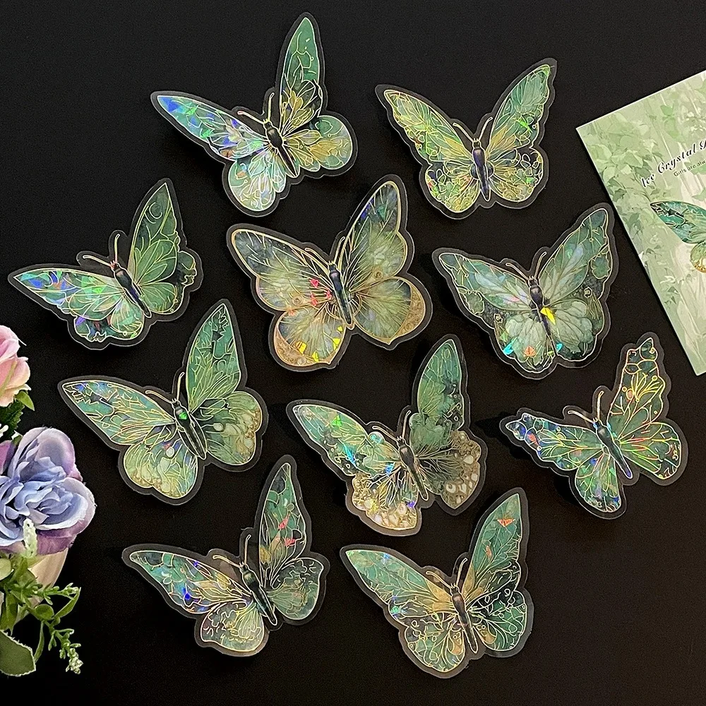 10PCS DIY Crafts Ice Crystal Laser Butterfly Sticker Vintage Aesthetic Handmade Butterfly Collage Sticker Shiny PET Scrapbooking